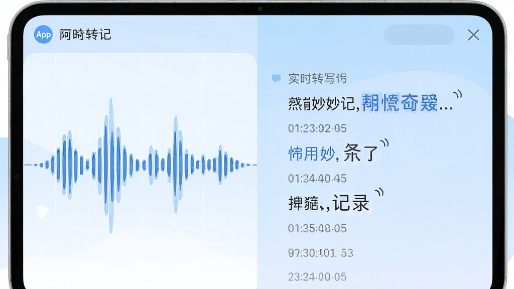 画面主体为Meet妙记App的实时转写界面截图风格插图,布局采用左右分栏,左侧展示声波波形,右侧展示逐句生成的文字记录,背景为柔和的浅蓝色渐变,风格为扁平化UI设计,细节包括文字逐字浮现的动效感、时间戳标记清晰、界面干净整洁,画质为高清矢量风格,无多余装饰元素