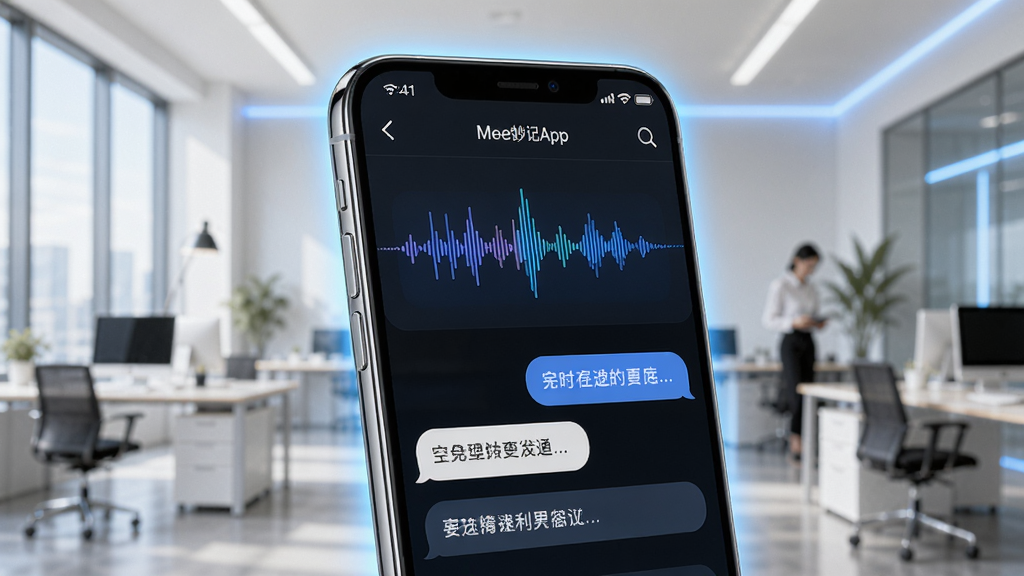 画面中央展示一部智能手机,屏幕上显示Meet妙记App的会议记录界面,界面中有实时语音转文字的动态波形图和文字气泡,背景是明亮的现代办公室场景,布局采用居中构图,手机略微倾斜展示屏幕内容,风格为清爽简洁的科技风,细节包括手机边缘的光泽、界面中文字清晰可辨、周围有淡淡的蓝色光晕点缀,画质为高清4K,画面干净无多余元素