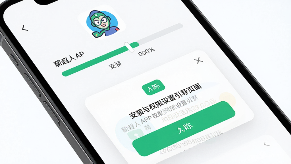薪超人APP安装与权限设置引导页面,画面展示手机屏幕上的安装进度条和权限授权弹窗,布局为手机界面特写,风格简洁明快,细节上带有薪超人图标和允许按钮,画质高清,干净无杂乱