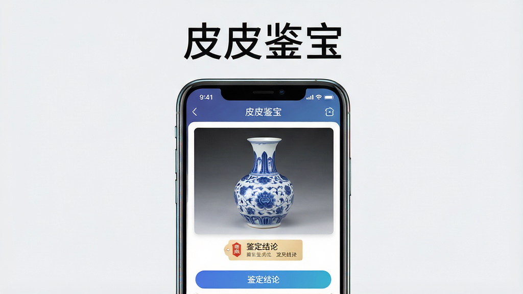 主体为一部智能手机屏幕显示皮皮鉴宝软件界面,界面中有一件青花瓷瓶的图片和鉴定结论标签。布局采用居中构图,手机位于画面中央,背景为干净浅灰色。排版简洁,上方留白处写有
