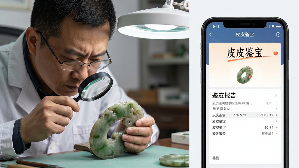 主体为一位鉴定师正通过放大镜仔细观察一件玉器,旁边手机屏幕上显示皮皮鉴宝软件的鉴定报告页面。布局采用左右分栏,左侧为鉴定师工作场景,右侧为手机界面特写。排版自然,风格写实摄影感。细节上鉴定师表情专注,玉器纹理清晰,手机屏幕上的