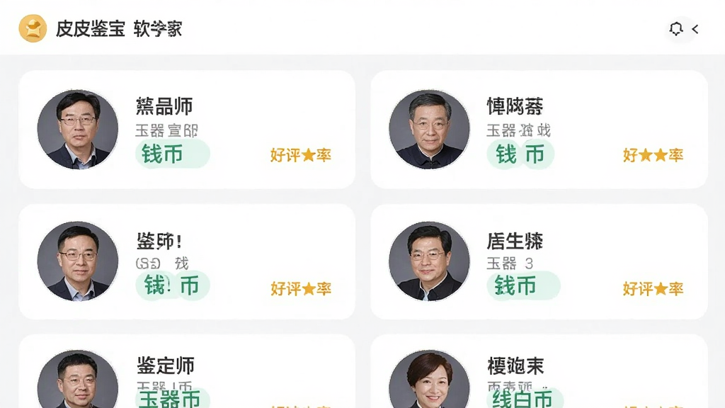 主体为皮皮鉴宝软件内的专家列表页面,展示多位鉴定师的头像、姓名、擅长领域和好评率。布局为纵向列表,每个专家卡片圆角矩形。排版整齐,风格清新浅色系。细节上头像清晰,擅长领域标签如