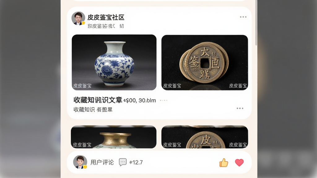 主体为皮皮鉴宝社区页面,展示几篇收藏知识文章的标题和配图,下方有用户评论和点赞图标。布局采用信息流形式,上下排列。排版舒适,风格柔和圆角。细节上文章配图包含瓷器和钱币,