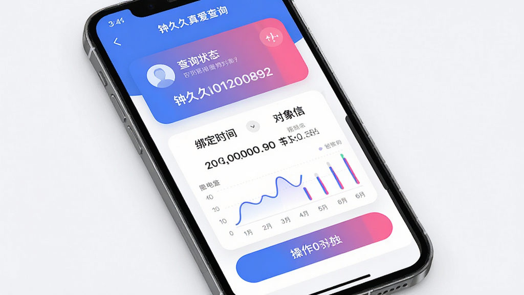 钟久久真爱查询界面,主体为手机屏幕展示查询结果页面,布局上方显示查询状态卡片,中间为绑定时间与对象信息,下方为操作按钮,风格简洁现代,细节包含蓝粉配色与数据图表,画质高清干净,无多余元素