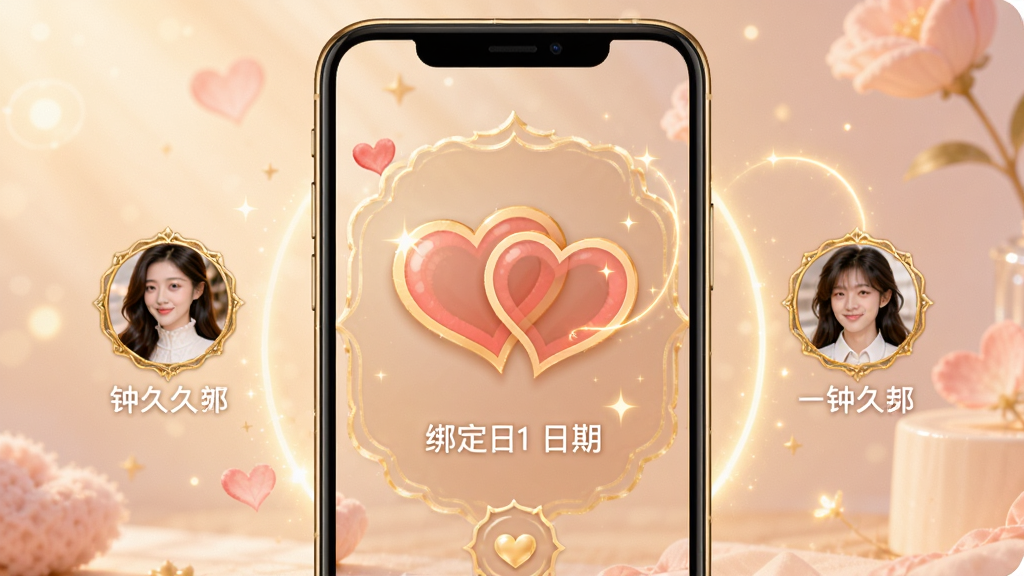钟久久情侣绑定页面,主体为手机屏幕显示绑定成功界面,布局中央是两颗交织的心形图标与绑定日期,两侧显示双方昵称与头像,风格浪漫温馨,细节包含金色边框与柔和光效,画质高清干净,无多余元素