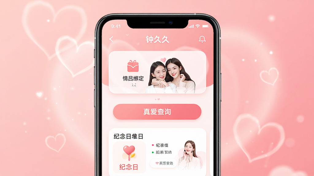 钟久久软件主界面展示,主体是一部智能手机,屏幕中央显示钟久久应用首页,布局包含情侣绑定入口、真爱查询按钮、纪念日卡片,背景为柔和粉色渐变与心形光晕,风格温馨浪漫,细节包含简约图标与圆角卡片,画质高清干净,无多余元素