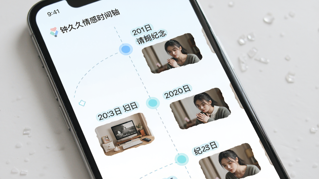 钟久久情感时间轴页面,主体为手机屏幕显示纵向时间轴,布局从上到下排列多个纪念日节点,每个节点包含日期、标题与缩略图,风格清新浅色,细节包含圆形节点与虚线连接,画质高清干净,无多余元素