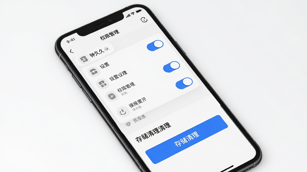 钟久久移动端操作界面,主体为手机屏幕展示设置与权限管理页面,布局包含权限开关列表与存储清理按钮,风格简洁实用,细节包含灰色图标与蓝色高亮开关,画质高清干净,无多余元素