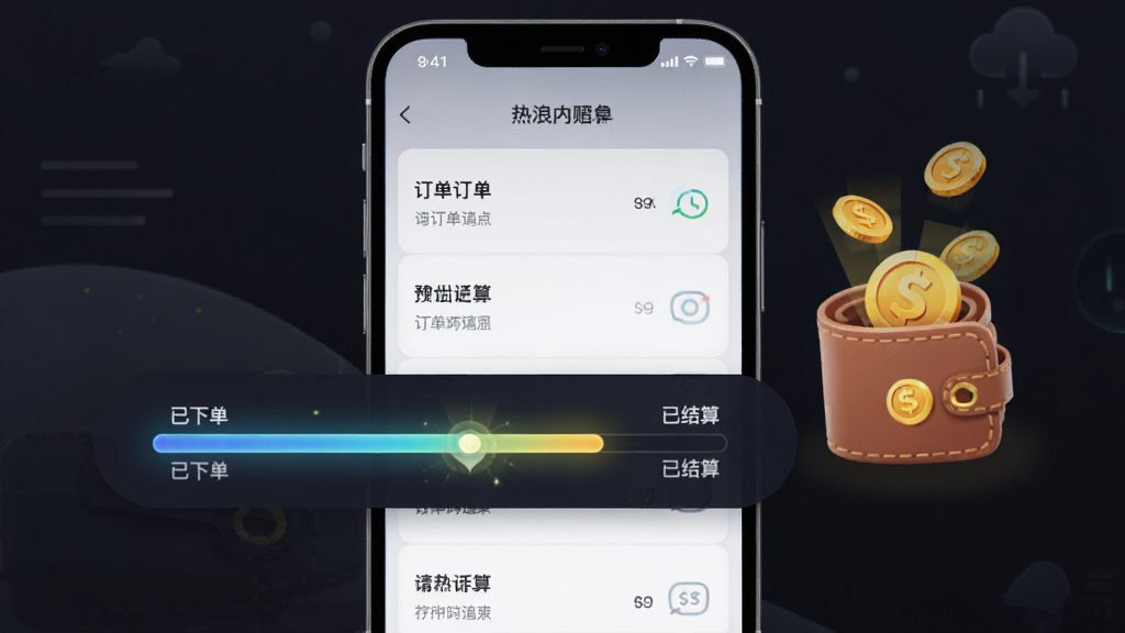 画面展示热浪内购APP的订单追踪页面,屏幕中央有订单列表和进度条,进度条从“已下单”推进到“已结算”,旁边有金币落入钱包的动画效果,布局为上下结构,风格为现代简约风,细节上进度条有发光效果,画质清晰干净,无多余元素