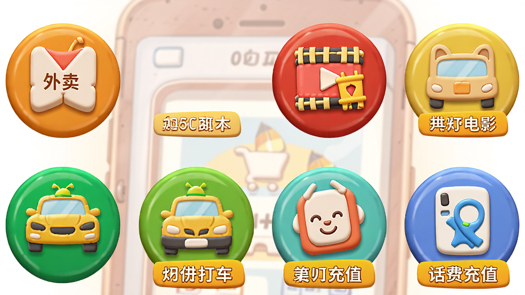 画面以热浪内购软件为背景,前景展示外卖、电影、打车、话费充值四个圆形图标整齐排列,每个图标下方有对应的优惠标签,布局为田字格排列,风格为卡通插画风,细节上图标色彩鲜艳且带有立体感,画质明亮干净,无多余元素