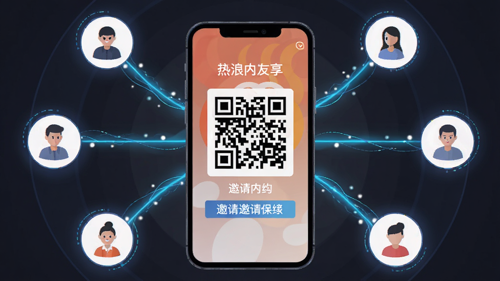 画面中央为热浪内购的邀请好友页面,屏幕显示二维码和邀请链接,周围有多个小人图标通过线条连接至中心,象征社交分享,布局为环形放射状,风格为科技感扁平风,细节上连接线有微光流动效果,画质清晰干净,无多余元素