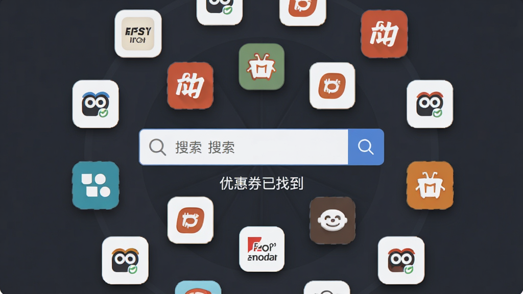 画面主体为热浪内购软件界面截图风格,展示多个电商平台的图标环绕在中央搜索框周围,搜索框下方显示“优惠券已找到”字样,布局采用中心辐射式,风格为清新扁平化,细节上各平台图标带有轻微阴影,画质高清干净,无多余元素