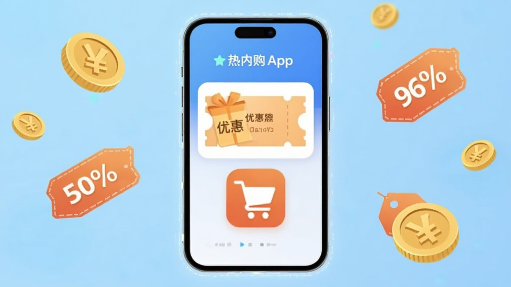 画面中央放置一部智能手机,手机屏幕显示热浪内购APP首页界面,界面中有优惠券图标和购物车图标,背景为浅蓝色渐变,周围漂浮着金币和折扣标签元素,整体布局简洁明快,风格为扁平化科技风,细节上手机边缘有微光效果,画质清晰干净,无多余元素