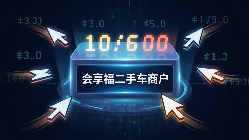 一张AI生成的图片,画面展示一个线上竞拍场景的抽象化表达,中央是一个发光的数字竞拍台,周围有多个代表买家的光标同时出价,竞拍台正面显示“会享福二手车商户”文字标识;布局采用中心对称式;风格为现代商务科技风;细节上光标带有动态拖尾效果,数字跳动感明显;画质要求高清、干净、无多余元素