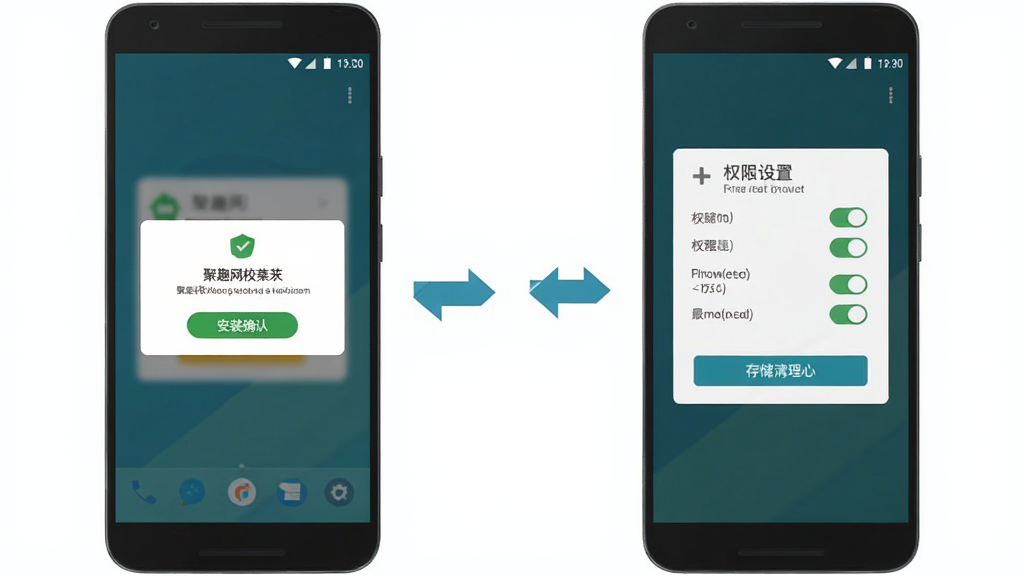 聚趣网校安卓手机安装与权限设置操作示意图,画面展示一部安卓手机,屏幕上依次排列着安装确认弹窗、权限设置开关、存储清理按钮等界面元素,用箭头标注操作顺序,布局为步骤式构图,风格为扁平化UI示意图,画质清晰,干净,无多余元素
