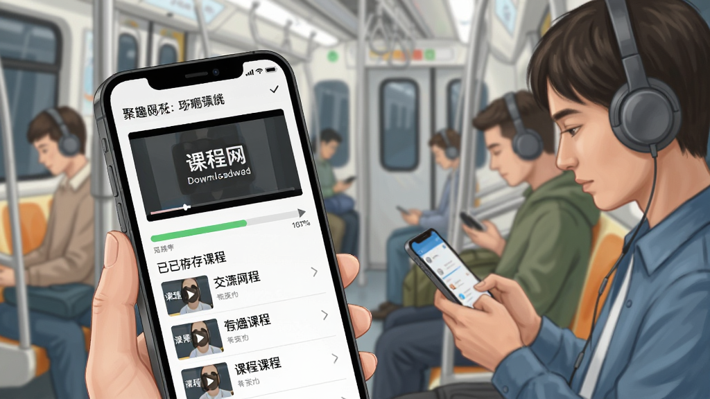 聚趣网校离线缓存学习功能示意图,画面展示一部手机正在下载课程视频,屏幕上有下载进度条和已缓存课程列表,背景为地铁车厢场景,乘客戴着耳机看手机学习,布局为场景化构图,风格为写实插画,画质清晰,干净,无多余元素