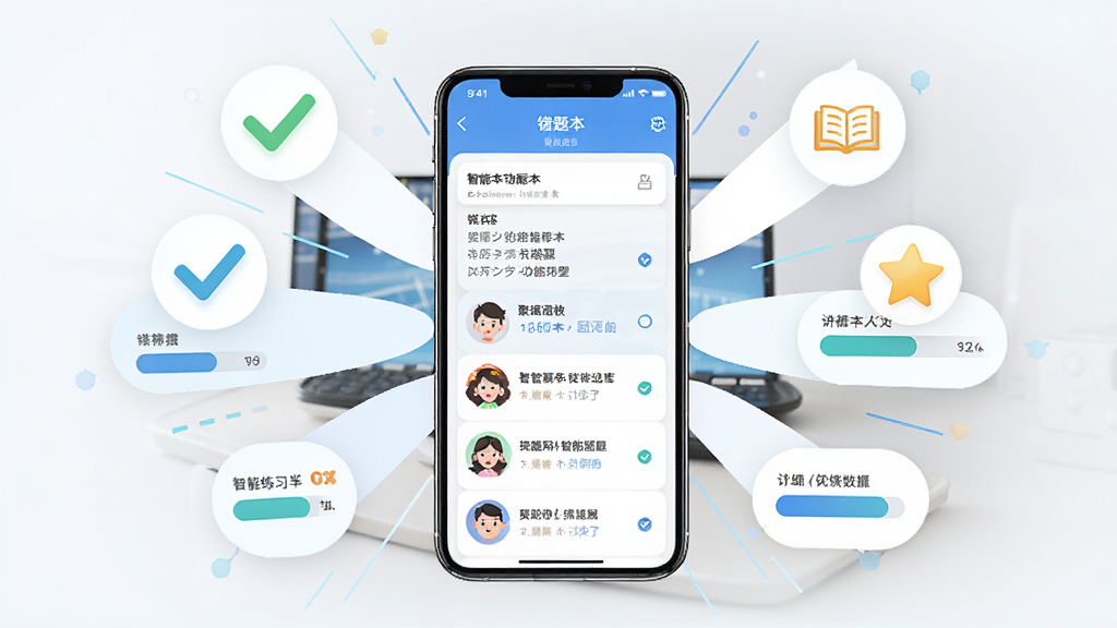 聚趣网校智能题库与错题本功能展示图,画面中央是一部手机,屏幕显示错题本界面和智能推荐练习列表,周围环绕着勾选标记、五角星、进度条等学习数据图标,布局为放射状构图,风格为清新教育风,画质清晰,干净,无多余元素