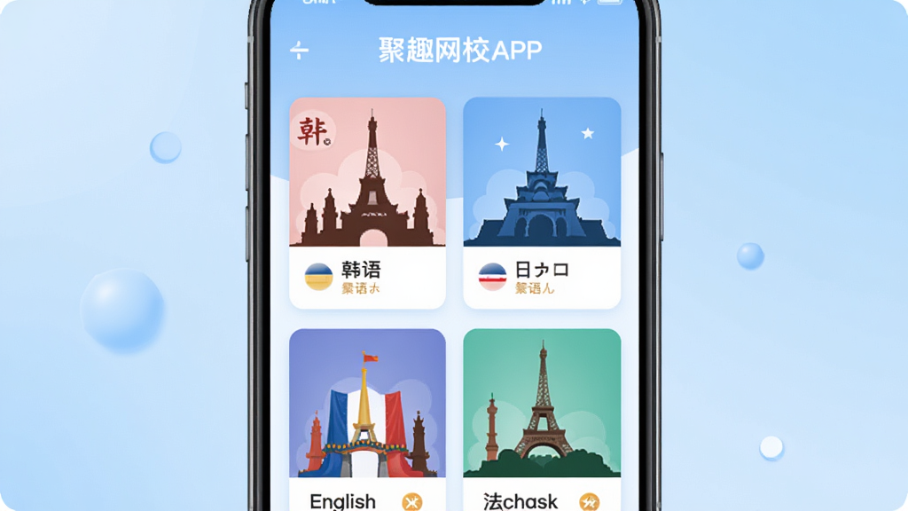 聚趣网校APP多语种课程界面展示图,画面以手机屏幕为主体,屏幕内排列着韩语、日语、英语、法语等多国语言课程卡片,每张卡片上有对应国家的标志性建筑剪影,背景为柔和的渐变蓝色,风格简洁明快,画质清晰,干净,无多余元素