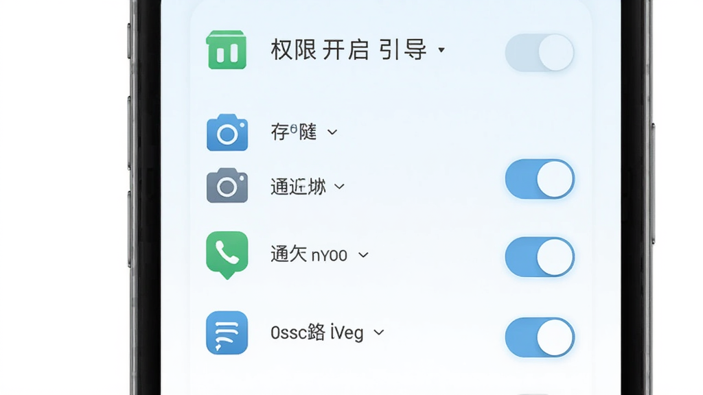手机梵讯安装设置界面示意图,主体为手机屏幕显示权限开启引导页,布局为从上到下依次排列权限图标与开关按钮,风格为浅色系扁平化设计,细节包含存储、相机、通知等权限图标,画质高清,干净无多余元素