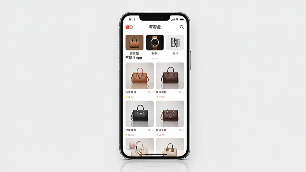 帮帮虎手机应用界面展示,画面中央是一部智能手机,屏幕显示帮帮虎APP首页,包含奢侈品箱包、腕表、服饰分类导航栏和商品推荐瀑布流,背景为简洁的浅灰色,布局清晰,排版整齐,风格现代简约,细节精致,画质高清,干净无多余元素