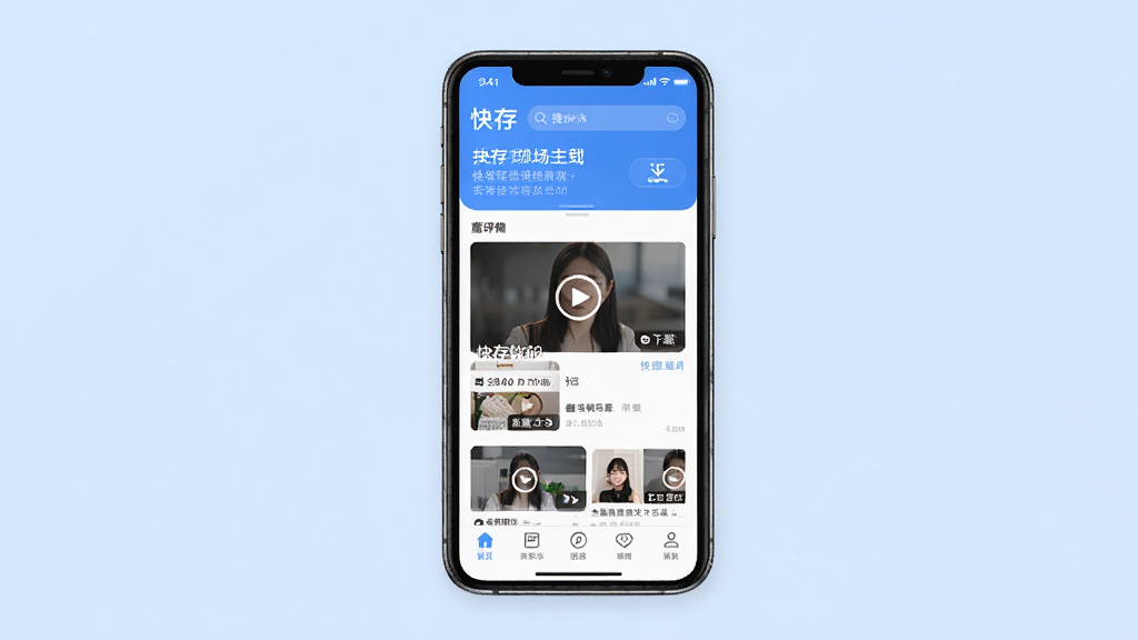 一张展示快存软件主界面的图片,画面中央是手机屏幕,屏幕内显示快存APP的首页,有清晰的下载按钮和视频列表,背景是柔和的浅蓝色渐变,风格简洁现代,细节包括底部导航栏和搜索框,画质清晰,干净,无多余元素