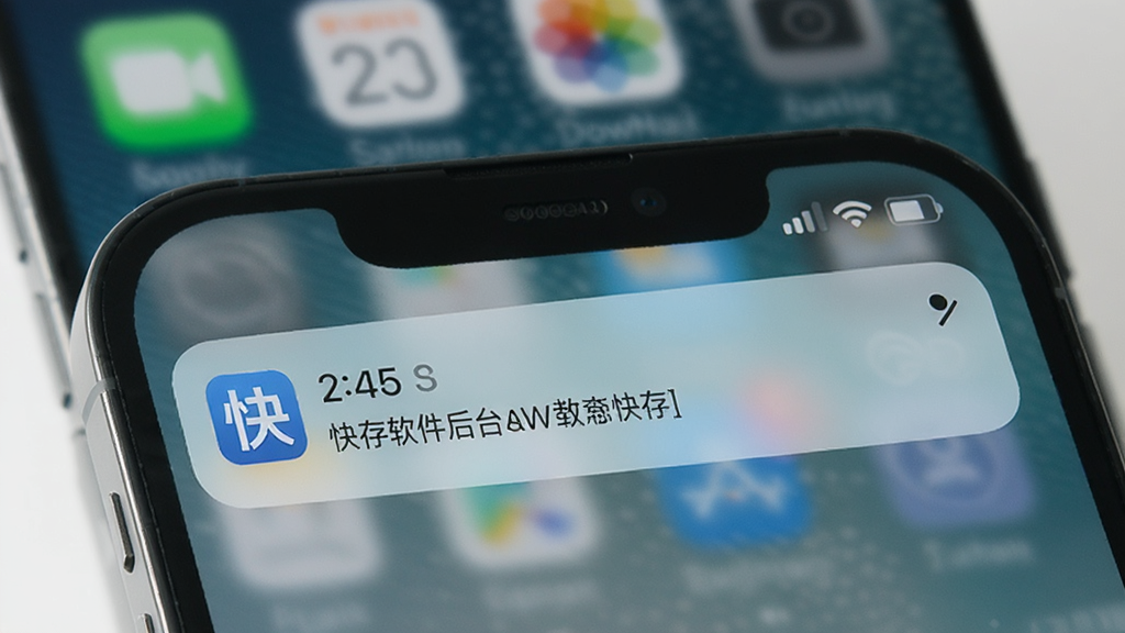 一张展示快存软件后台下载功能的图片,画面中手机锁屏界面显示下载完成的通知,通知栏有快存的图标和下载完成文字,背景是模糊的手机桌面,风格为现代简约,细节包括通知时间和文件名称,画质清晰,干净,无多余元素