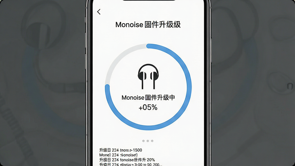 一幅Monoise软件固件升级进度界面图,画面主体为手机屏幕显示圆形进度条和耳机图标,屏幕中文字标注“Monoise固件升级中”。布局为居中排版,背景为白色。风格为简约商务,细节包括百分比数字、升级日志小字。画质高清,画面干净,无多余元素。