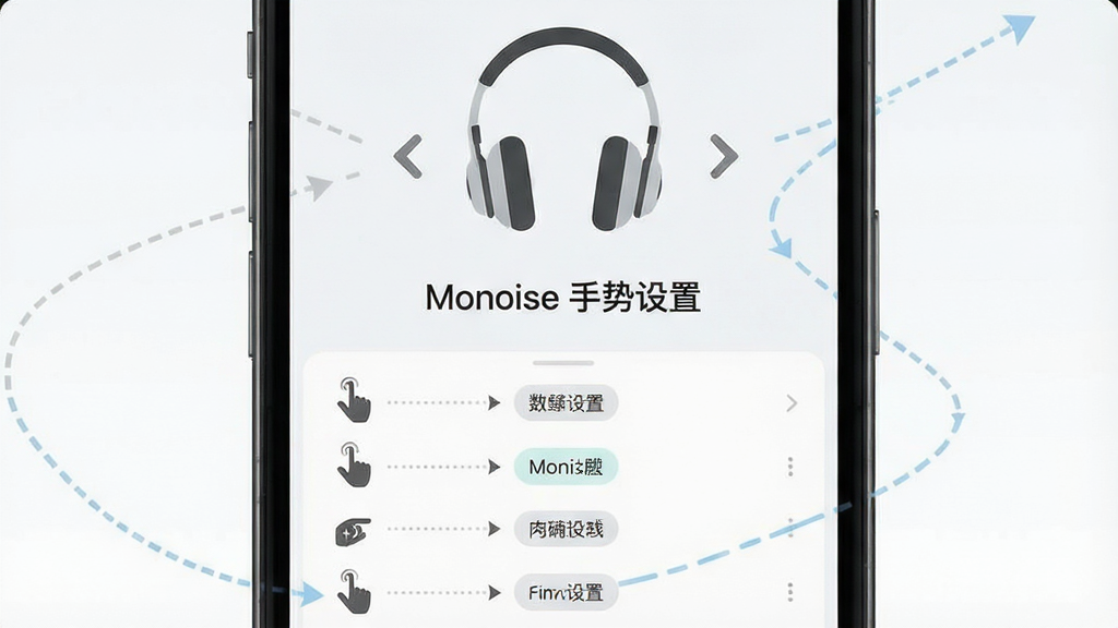 一幅Monoise软件触控手势设置界面示意图,画面主体为手机屏幕显示左右耳机图标和多种手势轨迹线条,屏幕中文字标注“Monoise手势设置”。布局为上下结构,上方为耳机图示,下方为手势列表。风格为清爽浅色UI,细节包括虚线箭头、功能标签。画质清晰,画面干净,无多余元素。