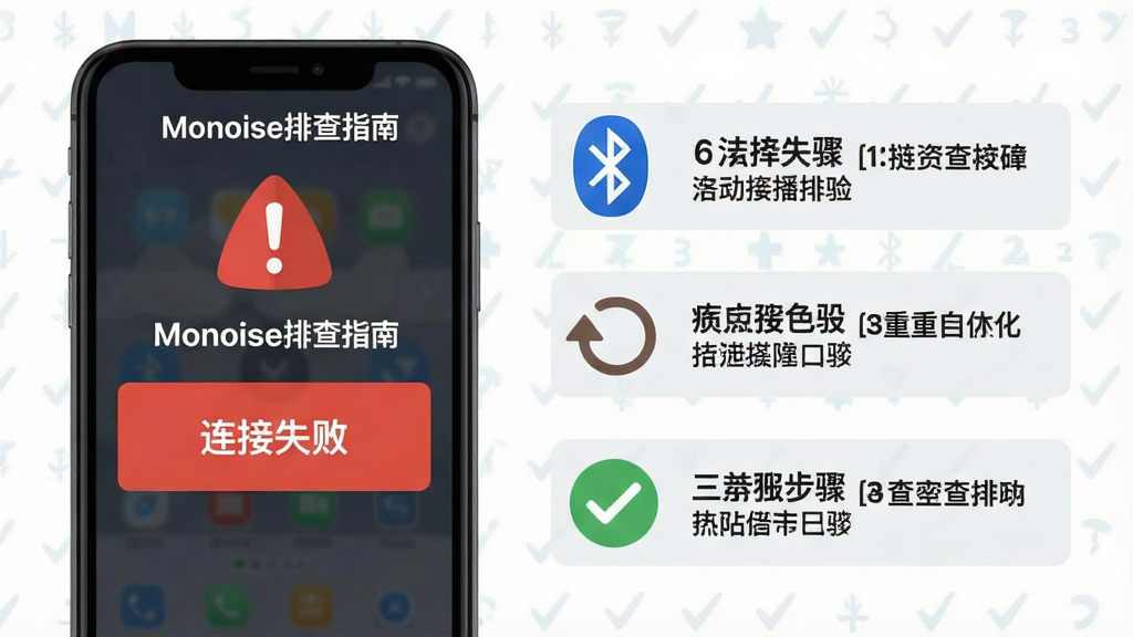 一幅Monoise软件连接故障排查流程图,画面主体为手机屏幕显示错误提示“连接失败”和旁边列出三步排查步骤,屏幕中文字标注“Monoise排查指南”。布局为上下结构,上方为错误图标,下方为编号列表。风格为扁平化信息图,细节包括蓝牙图标、重启箭头、对勾标记。画质清晰,画面干净,无多余元素。