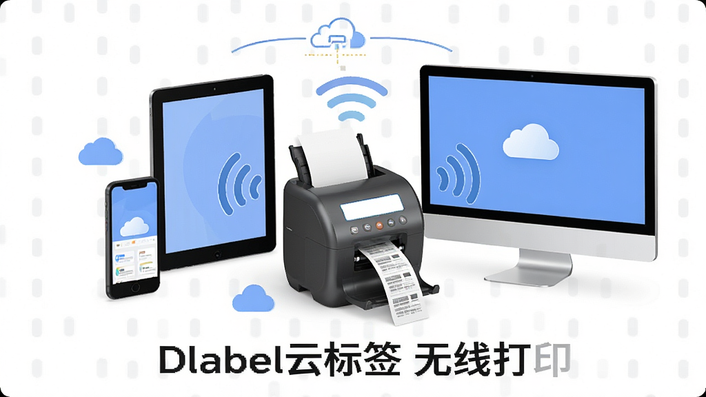 一张展示多设备协同打印的场景图,主体为手机、平板、电脑三台设备围绕一台标签打印机,布局为环形排列,排版中心突出打印机,风格为简约商务插画风,细节包含无线信号波纹、打印出的标签纸、云端图标,画质清晰干净,无多余元素,画面中文字标注“Dlabel云标签 无线打印”。