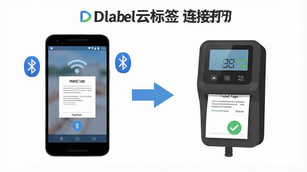 一张展示手机连接标签打印机操作步骤的示意图,主体为一部安卓手机和一台蓝牙标签打印机,布局为左右分列,排版采用步骤箭头连接,风格为扁平化教程插画,细节包含蓝牙图标、打印测试页、勾选标记,画质清晰,背景干净,无多余元素,画面中文字标注“Dlabel云标签 连接打印机”。