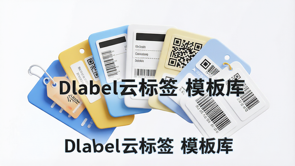 一张展示云端模板库的AI生图,主体为悬浮在空中的多个标签模板卡片,布局呈扇形展开,排版错落有致,风格为清爽的3D渲染风,细节包含价签、物流面单、二维码标签、条形码标签等不同样式,画质高清,背景干净,无多余元素,画面中文字标注“Dlabel云标签 模板库”。