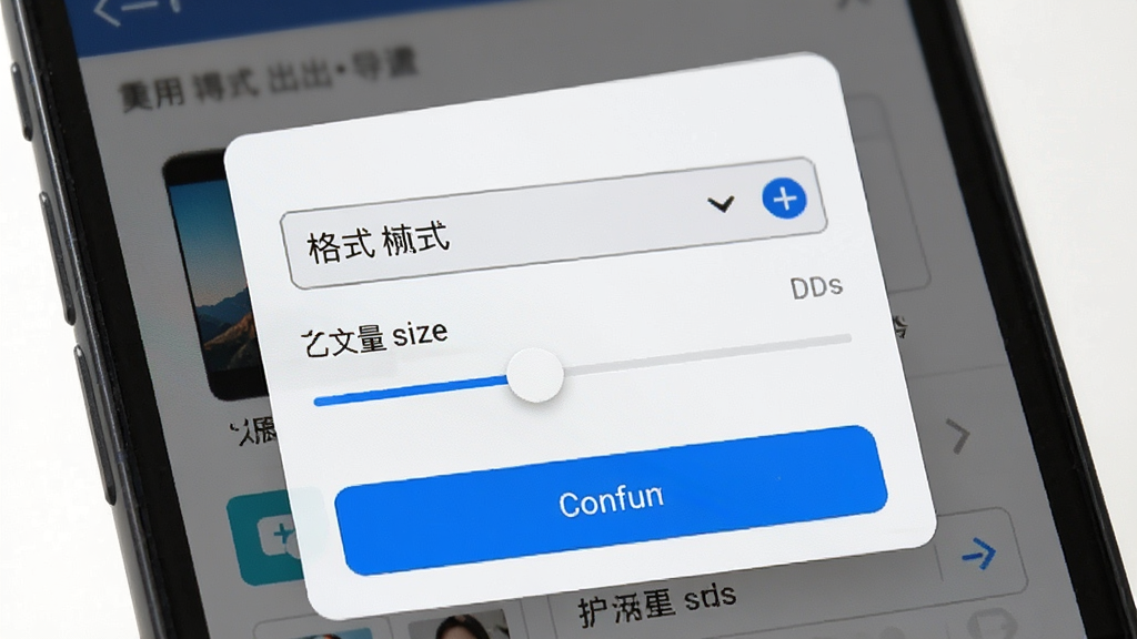 一张展示照片处理工具文件格式转换功能的图片,主体为手机屏幕显示导出设置面板,布局为弹窗式选项列表,排版紧凑,风格为实用工具界面风,细节包括格式下拉菜单、文件大小滑块和确认按钮,画质高清,干净,无多余元素。