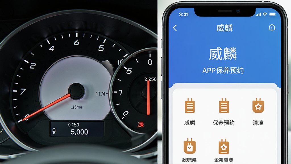 汽车仪表盘与手机屏幕并排展示,手机屏幕显示“威麟”APP保养预约页面,仪表盘显示里程数,布局为左右对比构图,风格为商务简洁,细节包含仪表指针、屏幕文字、保养图标,画质清晰,干净无多余元素