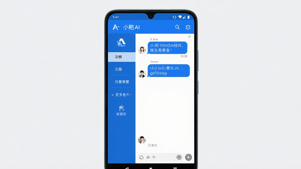 一张展示小耙AI手机应用主界面的图片,画面中央是一部竖屏安卓手机,屏幕显示小耙AI蓝色主题对话界面,左侧有功能菜单栏,右侧为聊天窗口,背景为简洁浅灰色,风格为现代科技风,细节包括图标按钮和文字气泡,画质清晰,干净,无多余元素