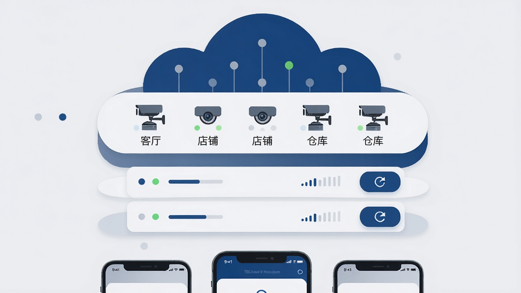 主体为TSCloud软件的多设备管理界面截图风格插画,画面中央是一个悬浮的云平台,平台上排列着多个摄像头图标,每个图标下方标注