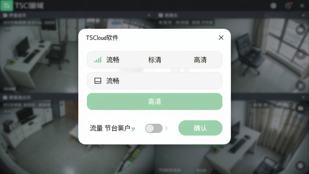 主体为TSCloud软件画质选择弹窗界面,画面中央显示一个圆角矩形弹窗,弹窗内列出