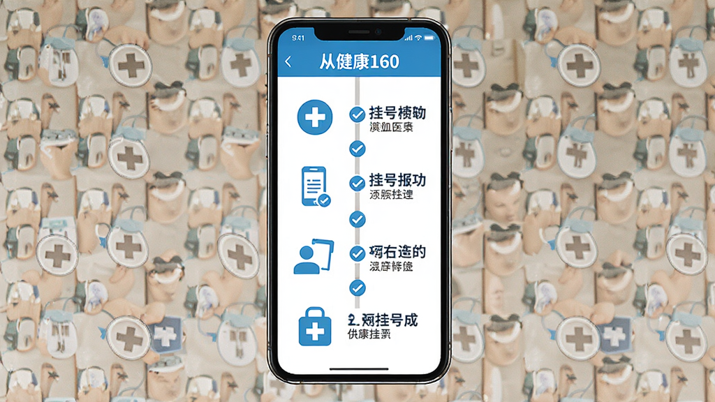 健康160新手使用操作流程图,主体为手机屏幕展示从注册到挂号成功的分步引导页面,布局采用纵向时间轴排列,每一步配有图标和简短文字说明,排版清晰直观,风格为扁平化医疗蓝配色,细节包含步骤序号、勾选标记、箭头连接,画质高清干净无多余元素