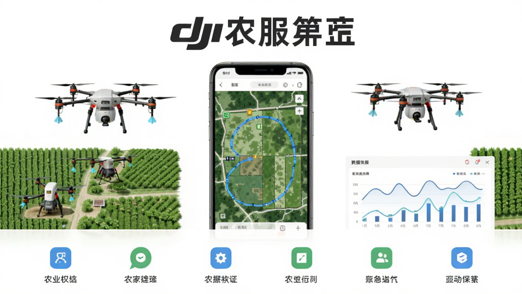 大疆农服软件主界面展示,画面中央放置一台智能手机,屏幕显示农业地块地图与无人机作业轨迹,周围环绕植保无人机、农田、数据图表等元素,整体布局为上下结构,上方为软件名称文字,下方为功能图标排列,风格为扁平化科技农业风,细节包括绿色农田纹理、蓝色数据线条、白色背景,画质清晰干净无多余元素