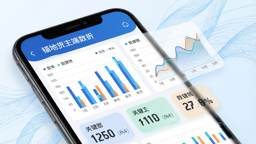 画一幅数据统计报表界面展示图,主体是一部智能手机,屏幕上显示“锚地货主端”的数据分析页面,包含柱状图、折线图和关键指标卡片。布局采用手机正面展示,背景为淡蓝色抽象线条。排版上图表与数字排列整齐,色彩区分明显。风格为数据可视化商务风,细节上体现图表的动态感与专业感。画质高清,画面干净,无多余元素。