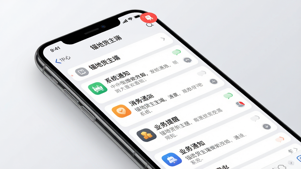 画一幅手机消息通知界面展示图,主体是一部智能手机,屏幕上显示“锚地货主端”的消息中心页面,包含多条系统通知与业务提醒卡片,顶部有红色角标。布局采用手机斜放视角,背景为浅灰色渐变。排版上消息列表清晰,图标醒目。风格为现代简约风,细节上突出通知的即时感与重要性。画质高清,画面干净,无多余元素。