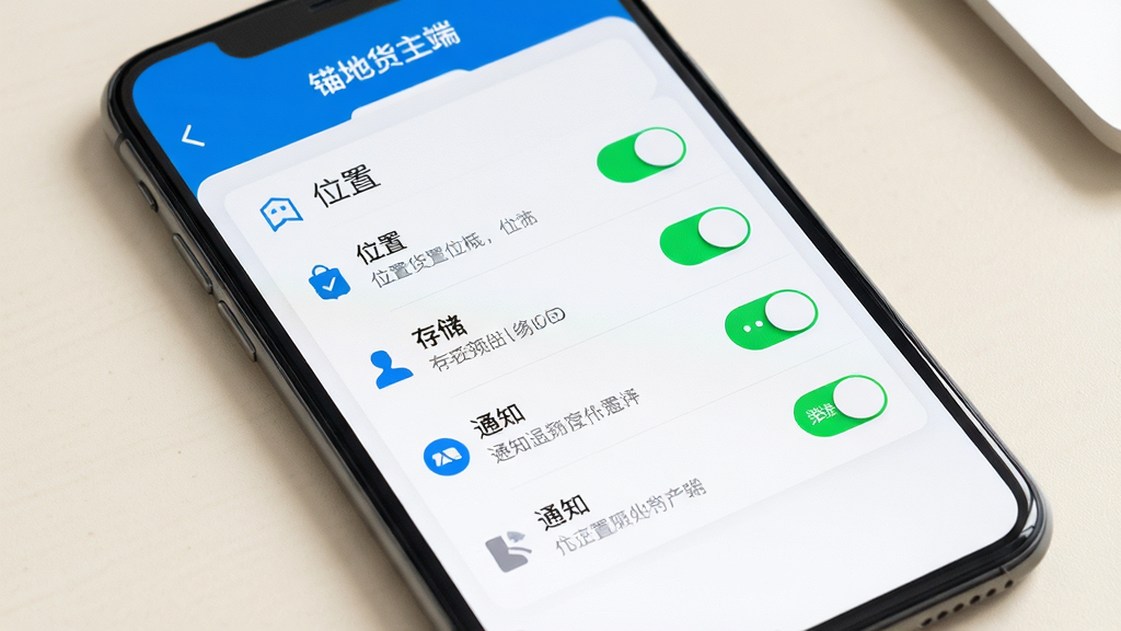 画一幅手机应用安装设置界面展示图,主体是一部智能手机,屏幕上显示“锚地货主端”的权限设置页面,包含位置、存储、通知等权限开关。布局采用手机正面展示,背景为简洁的浅色桌面。排版上权限列表清晰,开关状态明显。风格为实用教程风,细节上突出设置项的说明文字与图标。画质高清,画面干净,无多余元素。