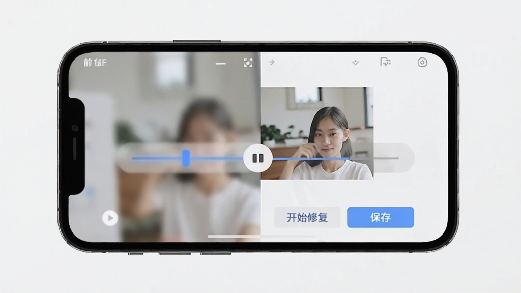 画质修复软件操作界面截图,主体为手机屏幕显示修复前后的对比滑块,左侧模糊右侧清晰。布局为居中手机,屏幕内显示照片对比。排版简洁,风格为真实软件界面。细节包括界面上的按钮文字“开始修复”“保存”,画质高清,干净无多余元素,背景为浅色。