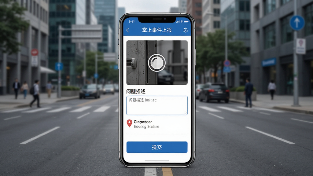 一张展示掌上环卫事件上报功能的手机界面图,画面主体为手机屏幕,屏幕内显示事件上报页面,包含拍照上传区域、问题描述输入框、定位信息、提交按钮等元素,背景为城市道路场景,整体风格简洁实用,蓝色主色调,排版整齐,画质高清,无多余元素。
