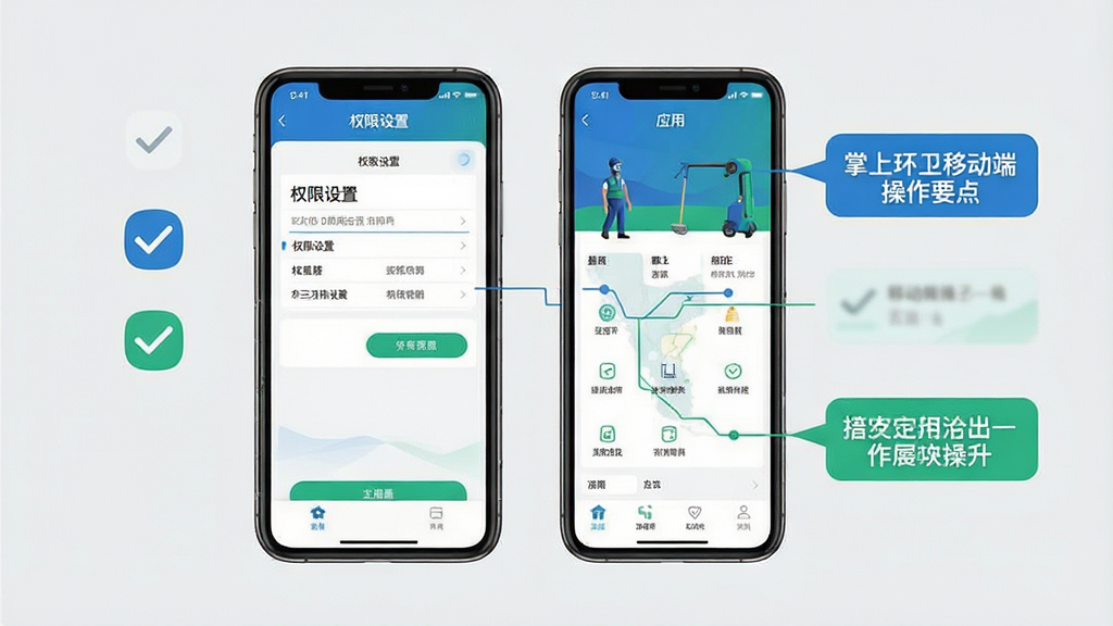 一张展示掌上环卫移动端操作要点的示意图,画面主体为手机屏幕,屏幕内显示权限设置页面和应用主界面,旁边配有勾选图标和提示文字框,背景为简洁浅灰色,整体风格清新实用,蓝色和绿色点缀,布局清晰,画质高清,干净无多余元素。
