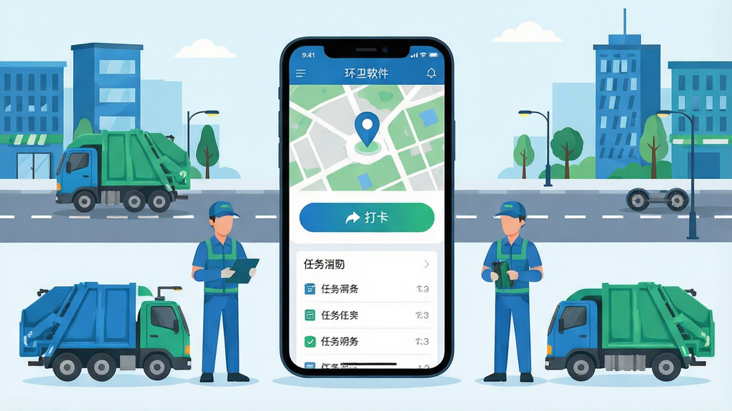 一张展示掌上环卫软件全貌的场景图,画面中央是一部智能手机,屏幕上显示掌上环卫应用主界面,界面包含地图定位、打卡按钮、任务列表等模块,手机周围环绕环卫工人、环卫车辆、城市街道等元素,整体采用扁平化科技风格,色彩以蓝色和绿色为主,画面干净整洁,布局居中对称,画质高清,无多余元素。