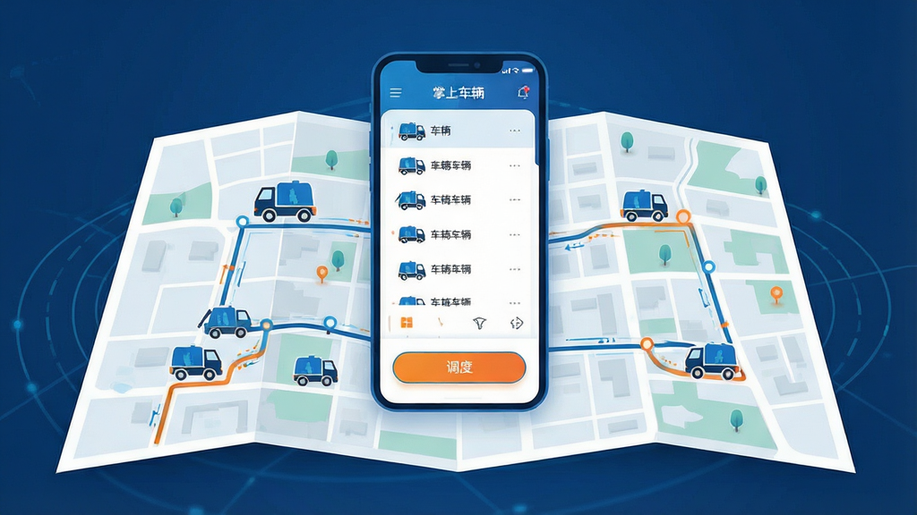 一张展示掌上环卫车辆实时调度功能的概念图,画面中央是一张城市地图,地图上显示多辆环卫车图标及行驶轨迹路线,手机界面悬浮在地图上方,显示车辆列表和调度按钮,整体风格为科技感扁平化设计,蓝色和橙色点缀,布局清晰,画质高清,干净无多余元素。