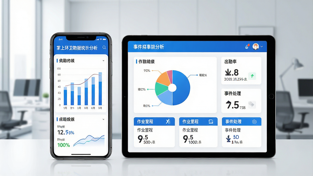 一张展示掌上环卫数据统计分析功能的界面图,画面主体为手机屏幕和平板屏幕组合,屏幕内显示柱状图、饼图、数据卡片等统计信息,包含出勤率、作业里程、事件处理等指标,背景为简洁办公环境,整体风格商务科技感,蓝色和白色为主,布局整洁,画质高清,干净无多余元素。