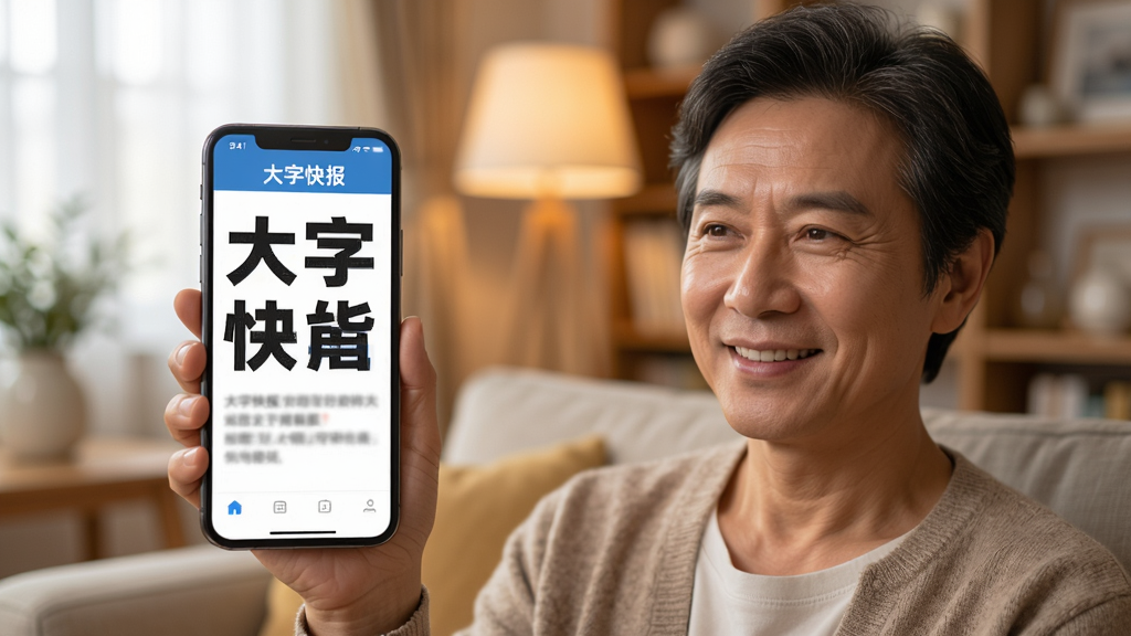一位中年用户手持手机,屏幕上显示大字快报应用界面,文字非常醒目,背景是温馨的家居环境,人物表情轻松愉悦,画面风格写实温暖,强调阅读舒适感,画质清晰,构图简洁,软件名称