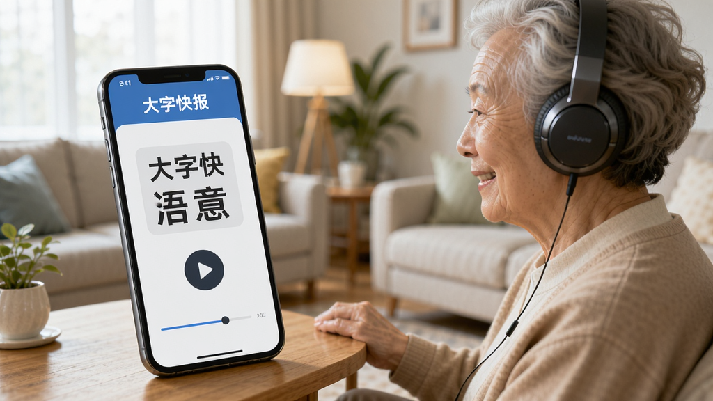 一位老年用户戴着耳机,手机放在桌上显示大字快报的语音播报界面,屏幕上有播放按钮和进度条,背景是明亮的客厅,画面传达出轻松获取资讯的氛围,软件名称